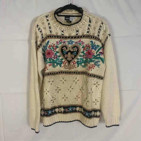 Beldoch Popper Sweaters - Vintage 80s Beldoch Popper Floral Heart Embroidered Sweater Romantic Grandmacore